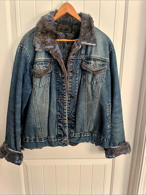 Fur Trim/ fully lined. original custom designed Denim Jacket Size XXL